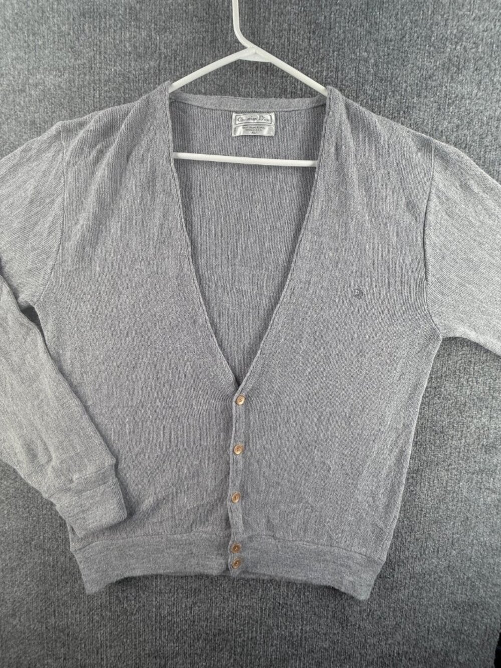 Christian Dior ** Sweater Men Cardigan V-Neck Logo USA XL Gray Solid Long Sleeve